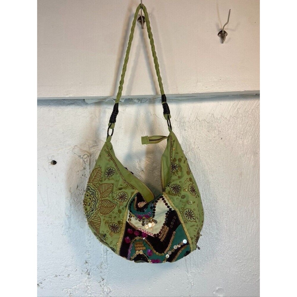 ALAIN MANOUKIAN BRAIDED SINGLE STRAP SHOULDER BAG PURSE GREEN BEADED 15 X 7 HOBO